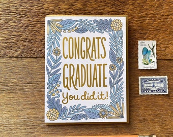 Congrats Graduate, Floral Graduation, Graduation Card, Greeting Card, Blank Inside
