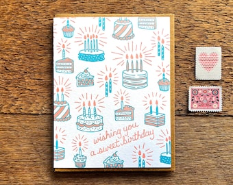 Happy Birthday Card, Wishing You a Sweet Birthday, Birthday Cakes and Sweets Card, Letterpress Folded Card, Blank Inside