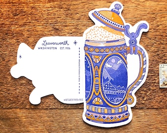 Leavenworth Beer Stein Postcard, Leavenworth Postcard, Letterpress Postcard, Die Cut Postcard