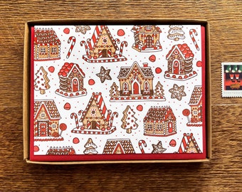 Gingerbread Houses Holiday Cards, Boxed Set of 6 Letterpress Holiday Cards, Christmas Cards