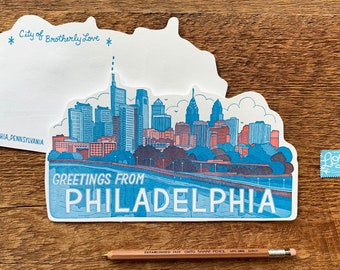 Philadelphia Skyline Postcard, City of Brotherly Love, Philly Postcard, Die Cut Letterpress State Postcard