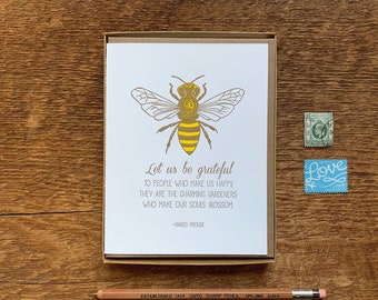 Bee Grateful, Let Us Be Grateful, Honey Bee, Friendship Quote, Boxed Set of 6 Letterpress Note Cards, Blank Inside