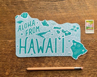 Hawaii Postcard, Hawaiian Islands Postcard, Aloha from Hawaii, Die Cut State Letterpress Postcard