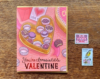 Irresistible Valentine, Chocolate Box Valentine Card, Valentine's Day Card, Letterpress Note Card, Blank Inside