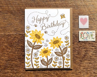 Happy Birthday, Bees & Blooms, Letterpress Folded Card, Blank Inside