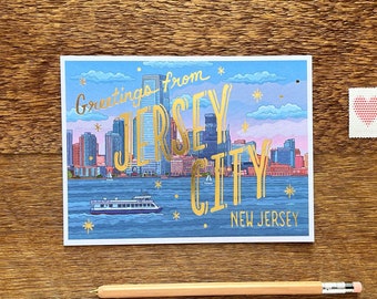 Jersey City Postcard, Greetings from New Jersey, New Jersey Postcard, Foil and Digitally Printed Postcard