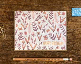 Happy Birthday Darling, Birthday Flower Pattern, Birthday Card, Offset and Foil, Blank Inside