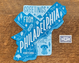 Philadelphia Postcard, Greetings from Philadelphia, Die Cut Letterpress State Postcard