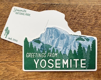 Yosemite Postcard, Greetings from Yosemite, Half Dome Postcard,Yosemite National Park Postcard, Die Cut Letterpress Postcard