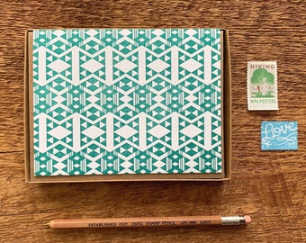 Teal Geometric Pattern, Boxed Set of 6 Letterpress Cards, Blank Inside