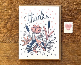 Thanks Flowers, Floral Thank You Card, Letterpress Note Card, Blank Inside