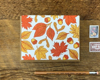 Fall Leaves, Autumn Leaves Pattern, Letterpress Folded Greeting Card, Blank Inside