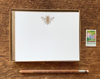 Honey Bee Motif, Boxed Set of 8 Letterpress Flat Notes, Boxed Stationery