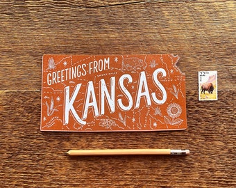 Kansas Postcard, Greetings from Kansas, Die Cut Letterpress State Postcard