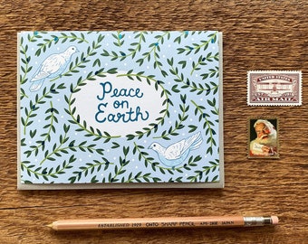 Peace On Earth, Doves and Olive Branches, Boxed Set of 6 Holiday Cards, Foil Printed Holiday Cards, Christmas Cards