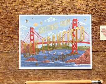 San Francisco Postcard, Greetings from San Francisco California, California Postcard, Foil and Digitally Printed Postcard