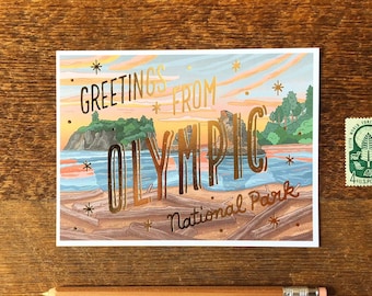 Olympic National Park Postcard, Greetings from Olympic National Park, Foil and Offset Printed Postcard