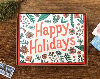 Happy Holidays Flora Cards, Boxed Set of 6 Letterpress Holiday Cards, Christmas Greeting Cards