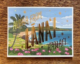 Lanai Postcard, Greetings from Lanai Hawaii, Single Foil and Offset Printed Postcard