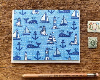 Whales & Sails, Sailboat Greeting Card, Whales Ocean and Sailboat Pattern Card, Letterpress Note Card, Single Folded Card Blank Inside