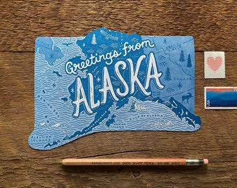 Alaska Postcard, Greetings from Alaska, Die Cut Letterpress State Postcard