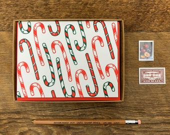 Holiday Candy Canes, Boxed Set of 6 Letterpress Holiday Cards, Christmas Boxed Greeting Cards