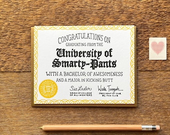 Congratulations Smarty-Pants, Humor Grad Card, Graduation Card, Letterpress Note Card, Blank Inside