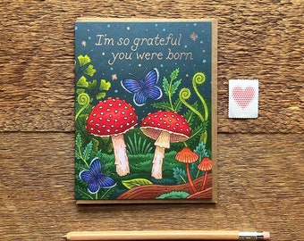 Mushrooms Birthday Card, Nature Birthday Card, Single Folded Card, Blank Inside