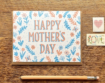 Happy Mother's Day, Flower Pattern, Floral Mother's Day Card, Folded Letterpress Card, Blank Inside