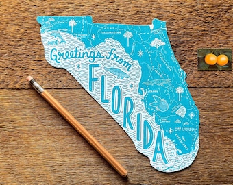 Florida Postcard, Greetings from Florida, The Sunshine State, Single Die Cut Letterpress State Postcard