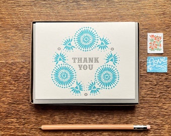 Turquoise Thank You, Boxed Set of 6 Letterpress Folded Cards, Blank Inside