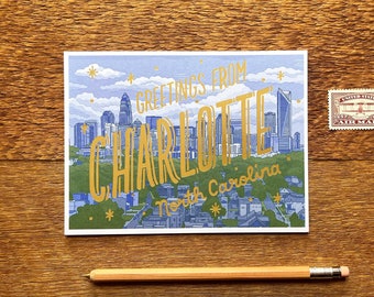 Charlotte Postcard, Greetings from Charlotte, North Carolina Postcard, Foil and Digitally Printed Postcard