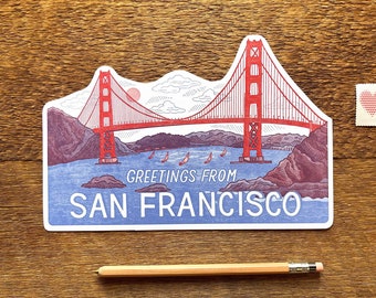 San Francisco Postcard, Greetings from San Francisco, California, Single Die Cut Letterpress Postcard