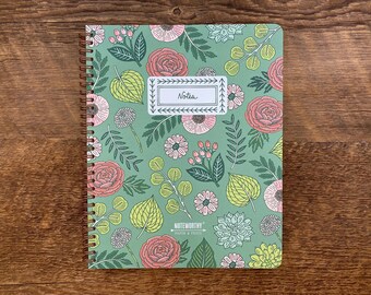 Green Floral Notebook, Floral Notebook, Wire-O Notebook, Lined Pages