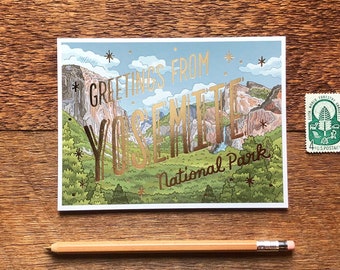 Yosemite National Park Postcard, Greetings from Yosemite National Park, Foil and Digitally Printed Postcard