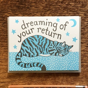 Extrañándote, soñando con tu regreso, gatito durmiente, tarjeta de notas tipográficas, interior en blanco