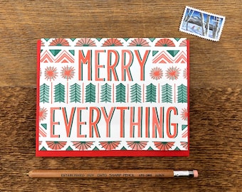 Merry Everything Card, Christmas Sweater Pattern, Letterpress Holiday Greeting Card, Blank Inside