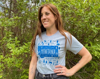 Montana State Map T-Shirt, Montana Tee Shirt, Montana Gift, Unisex Prism Blue Heather T-Shirt, XS to 3XL Size Options