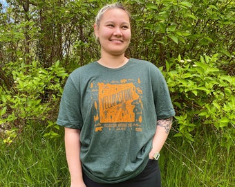 Yellowstone National Park Map T-Shirt, Yellowstone Tee Shirt, Montana Gift, Unisex Forest Green Heather T-Shirt, XS to 3XL Size Options