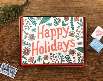 Happy Holidays Flora Cards, Boxed Set of 6 Letterpress Holiday Cards, Christmas Greeting Cards