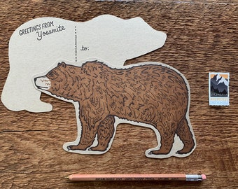 Yosemite Bear Postcard, Greetings from Yosemite, Yosemite National Park Bear Postcard, Die Cut Letterpress Postcard