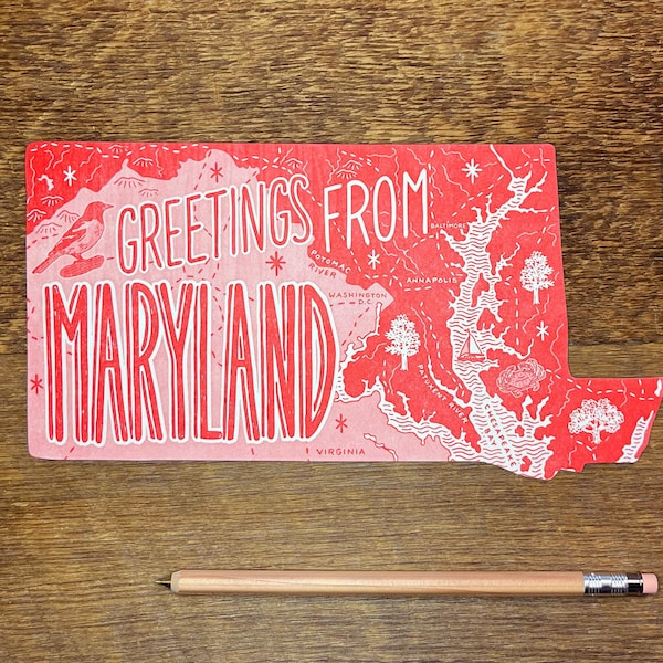 Maryland Postcard, Greetings from Maryland, Single Die Cut Letterpress State Postcard