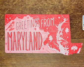 Maryland Ansichtkaart, Groeten uit Maryland, Single Die Cut Letterpress State Postcard
