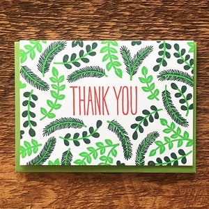 Merci, Feuilles des fêtes, Carte de correspondance pliée en typographie, Intérieur vierge