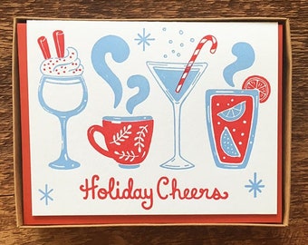 Holiday Cheers Letterpress Card Set, Drinks Illustration, Box of 6