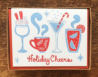 Holiday Cheers, Holiday Drinks,  Holiday Card, Boxed Set of 6 Letterpress Cards, Blank Inside