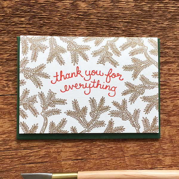 Thank You Pine Branches, Holiday Thank You, Letterpress Folded Note Card, Blank Inside