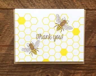 Honey Bee Thank You Card, Letterpress Greeting Card, Blank Inside