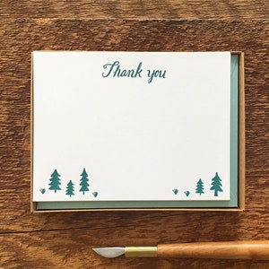 Pine Trees Thank You, Boxed Set of 8 Letterpress Flat Notes, Boxed Stationery