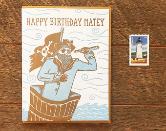 Happy Birthday Matey, Pirate Birthday Card, Kids Birthday Card, Letterpress Card